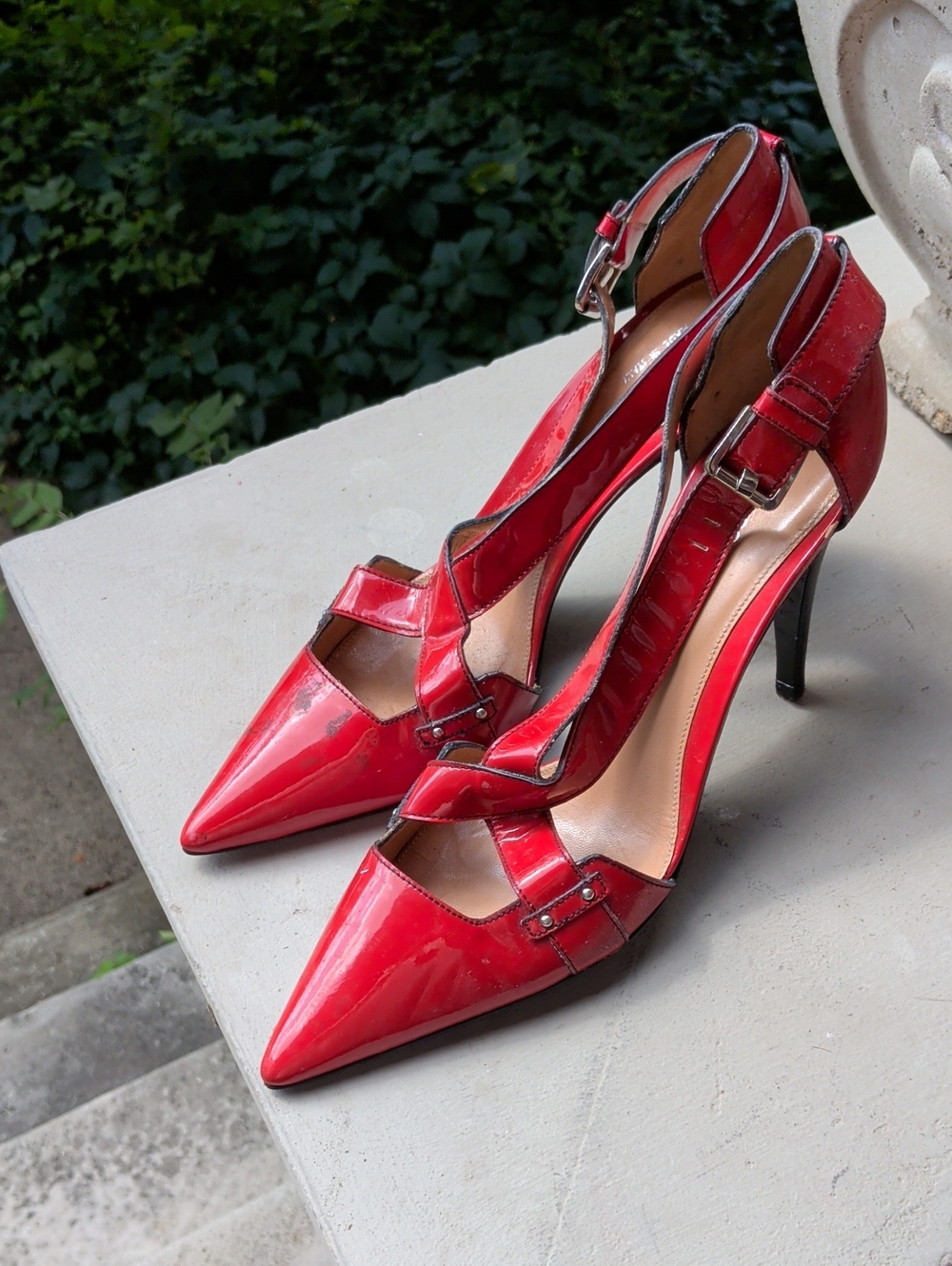 Nwob Red Patent Pointed-Toe Strap High Heels - With Smudges